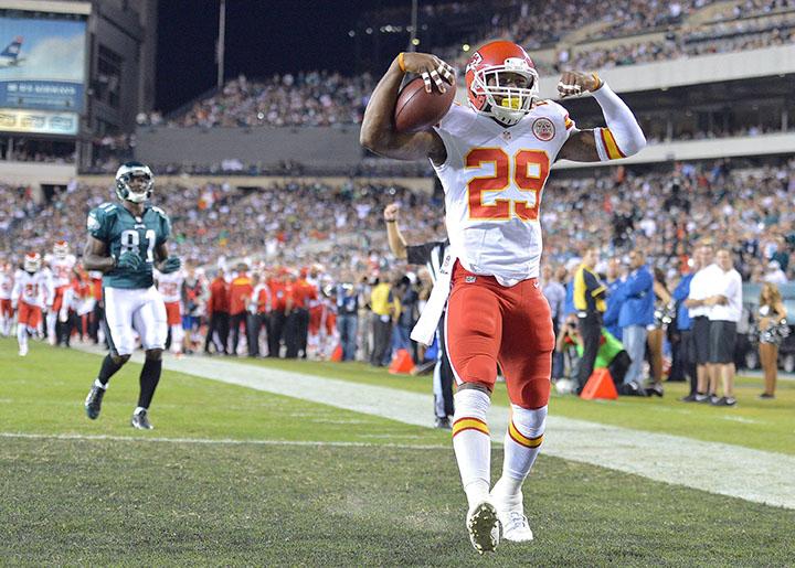 Kansas City Chiefs strong safety Eric Berry (29) intercepts a pass intended for Philadelphia Eagles tight end Brent Celek and returns it 38-yards for a touchdown in the first quarter at Lincoln Financial Field in Philadelphia, Pennsylvania, on Thursday, September 19, 2013. 