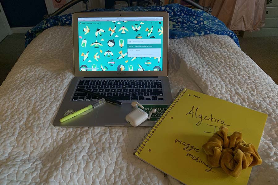 Report Maggie McKinneys virtual learning workspace was situated on her bed throughout the first week. McKinney always kept her laptop, her AirPods, a scrunchie, writing utensils and her notebooks close by so she wouldnt have to get up during class. 