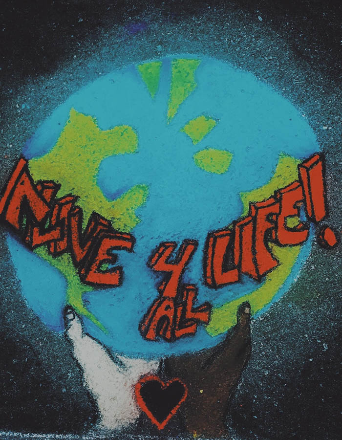 Senior Kaitlin Lyman drew a chalk drawing at last year's Earth Day celebration during Fine Arts week. This year, due to COVID-19, Earth Day celebrations took on a new look via virtual learning. 
