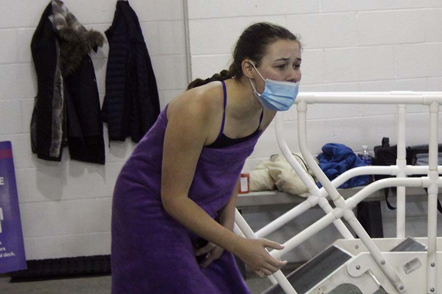 Senior Emma Grojean yells words of encouragement at her team mates during a race at the swim and dive meet against St. Teresa's Academy at the Red Bridge YMCA on Jan. 26.