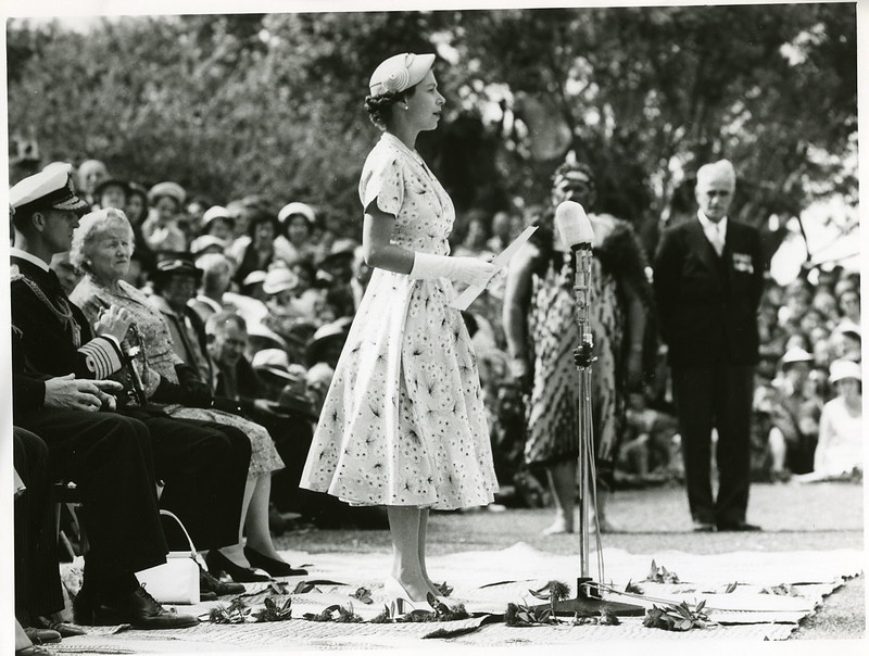 Queen Elizabeth II gives a public address during her tour of New Zealand in 1954. 