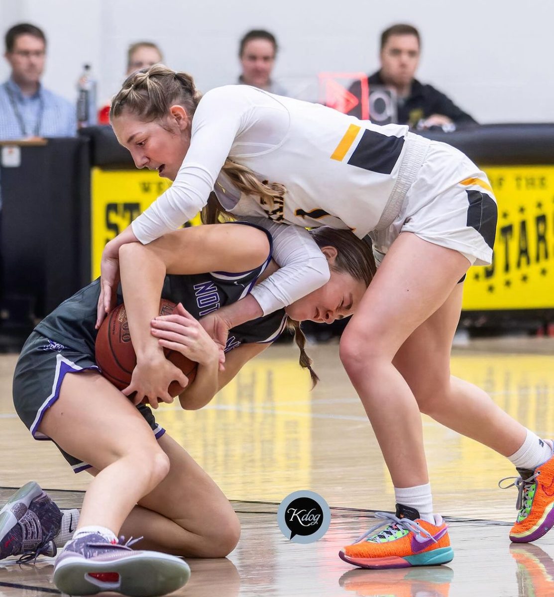 Holding onto the ball, junior Ava Sheedy fights for the ball at the Sion vs STA basketball game Dec. 1.