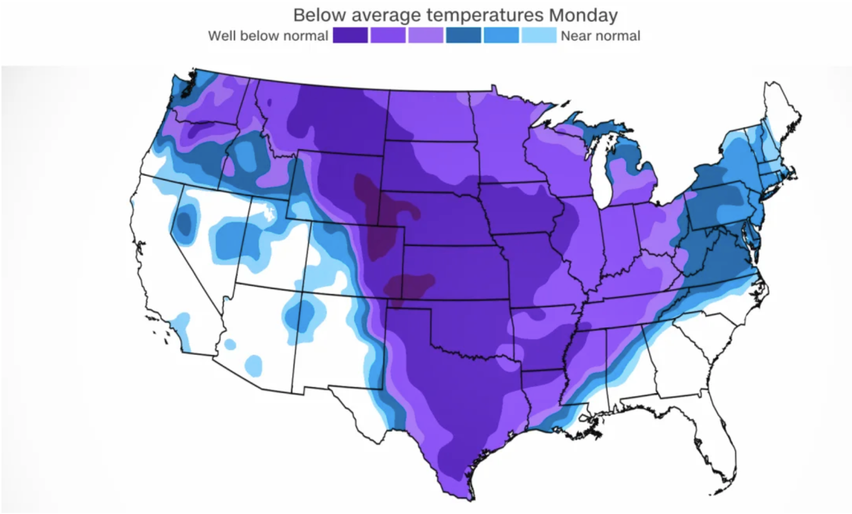 Map of areas with temperatures below seasonal average. 

Source - CNN