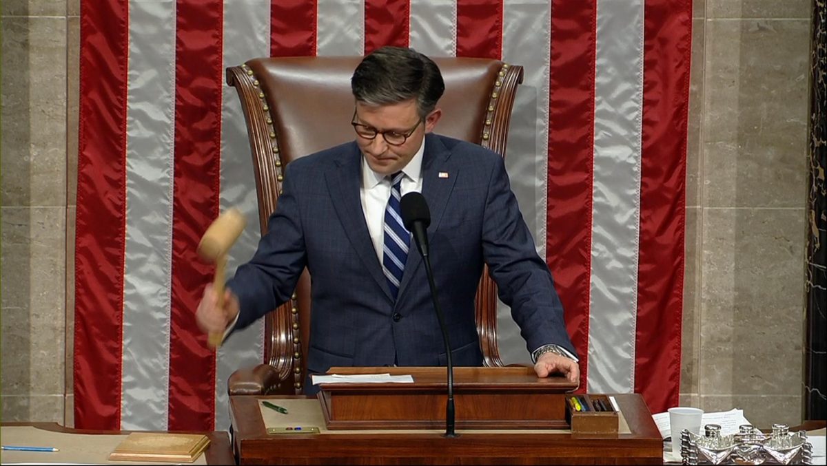 House Speaker Mike Johnson banging the gavel after he announced the Houses vote to impeach Homeland Security Secretary Alejandro Mayorkas (House Television via AP news)